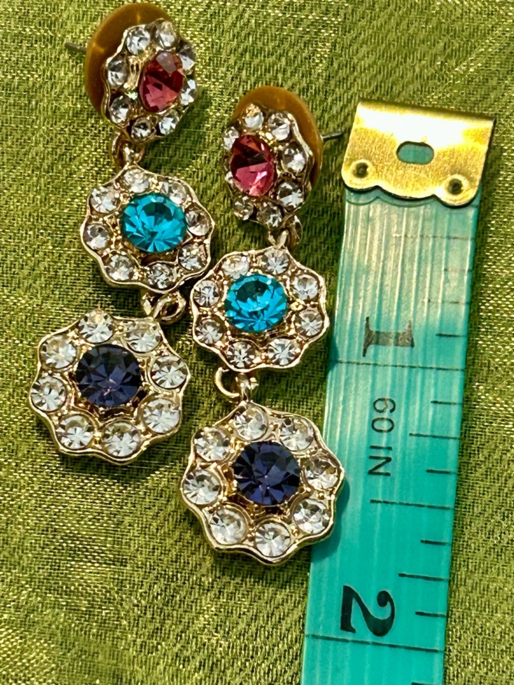 Vintage Signed Monet Multi-Color Rhinestone Gold Tone Drop Earrings - Picture 4 of 4